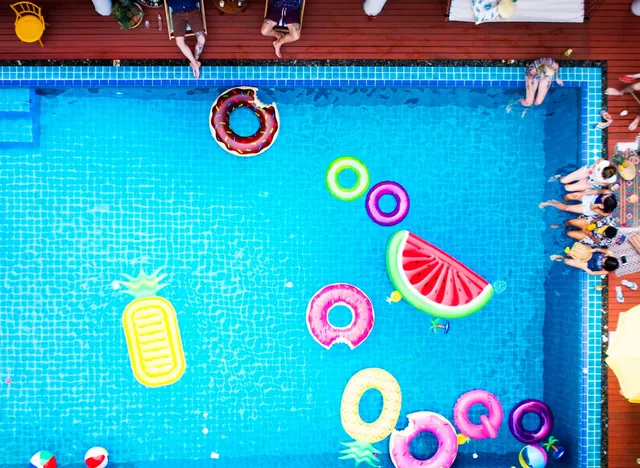 Pool party floats seen from above