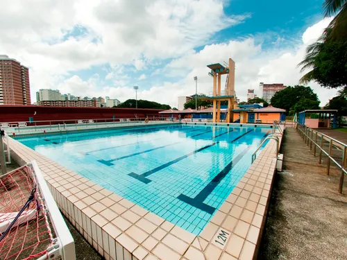 Pool and diving tower at Queenstown Swimming Complex